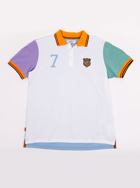Flat lay of men's multicoloured polo shirt with newmarket 875 crest on the front and number 7 on the back, made of 100% cotton.